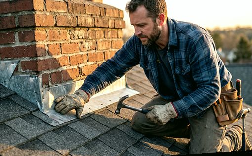 Flashing fixed by lamplight at dusk on a Staten Island chimney